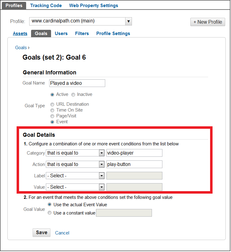 Creating an event-based goal in Google Analytics