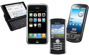 A variety of popular mobile phones are shown in this image.