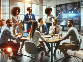 A photorealistic image of a diverse group of professionals collaborating around a modern workspace, brainstorming ideas and solving a problem together.